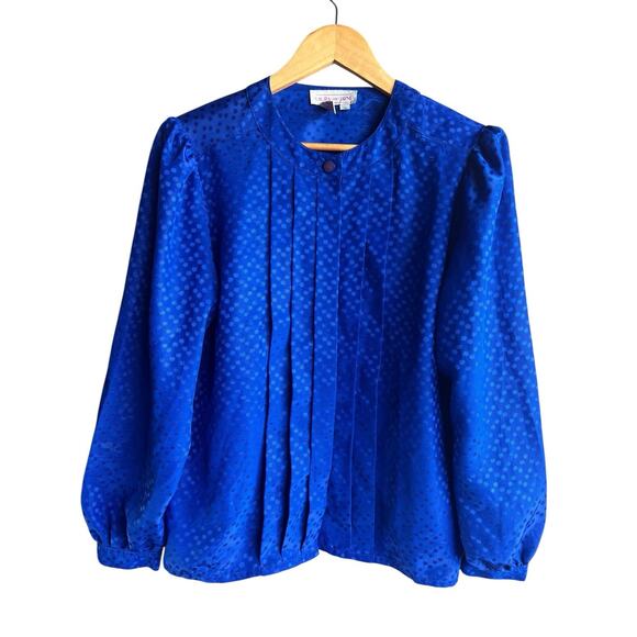 Laura and Jayne Tops - Vtg Laura and Jayne Blue Polka Dot Pleated Satin Long Sleeve Career Blouse Sz 10